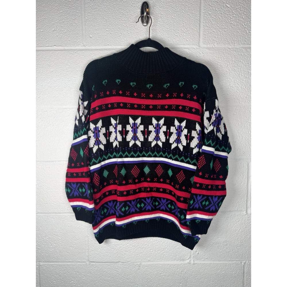Vtg 80s Resource by Doris Skis Fair Isle Snowflake Sweater Black Red L Ski Lodge
